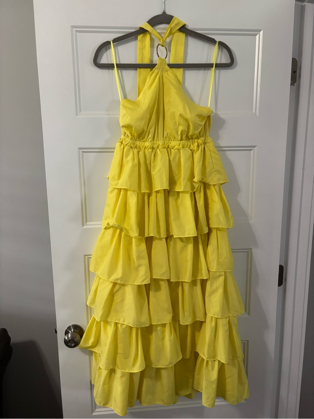 DO+BE Bright Yellow Halter Tiered Ruffle Midi Dress